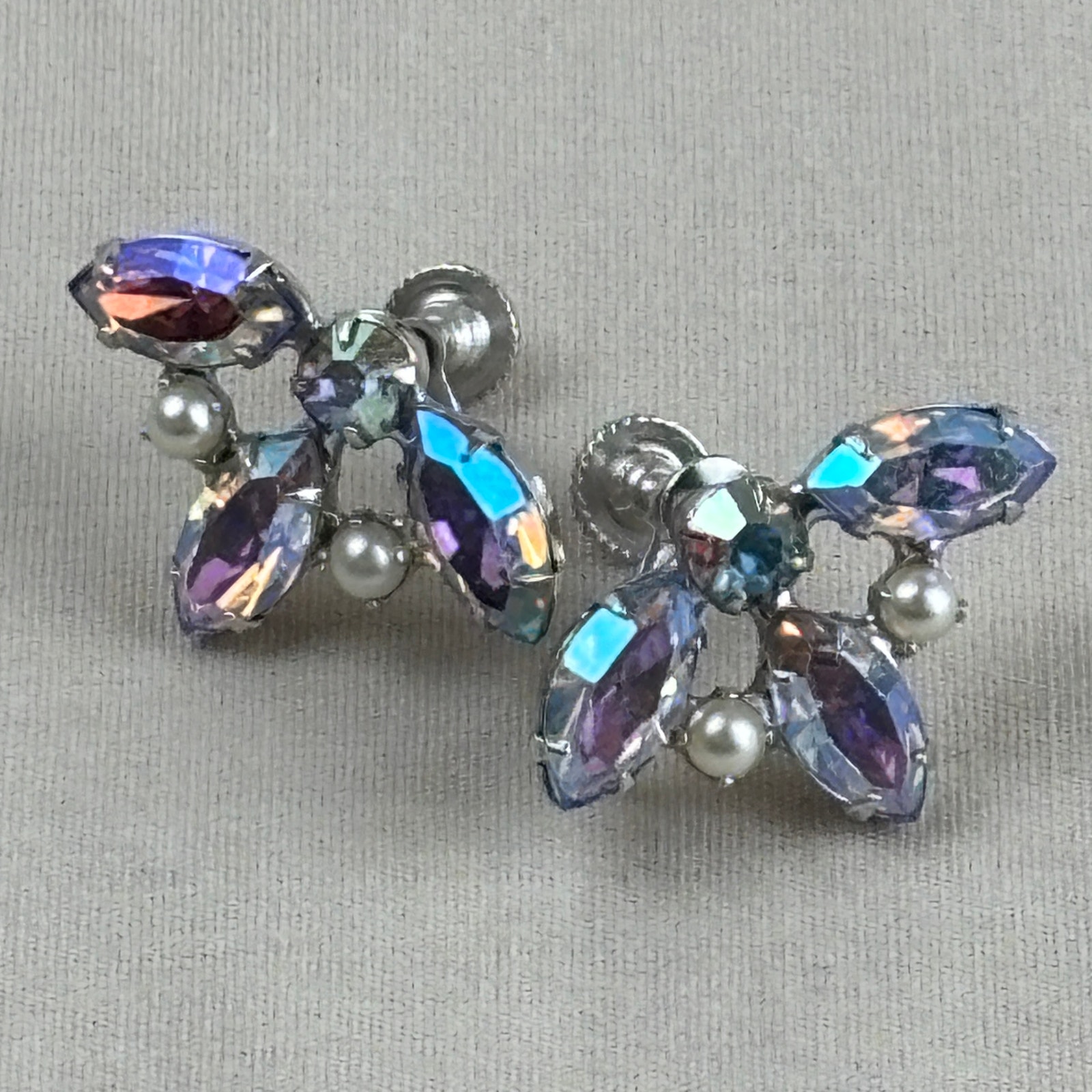 B. David Aurora Borealis Marquis Rhinestone Screw Back Clip On Vintage Earrings